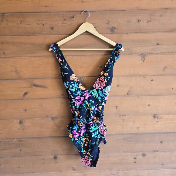 Skinny Dippers One Piece Baby Kiss Cinch Ruffle Swimsuit XL Black Floral Swim - Picture 2 of 6